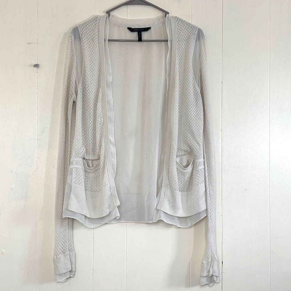 BCBGMAXAZRIA Open Cardigan Silk Size L Long Sleeve Oatmeal Knit Cardigan